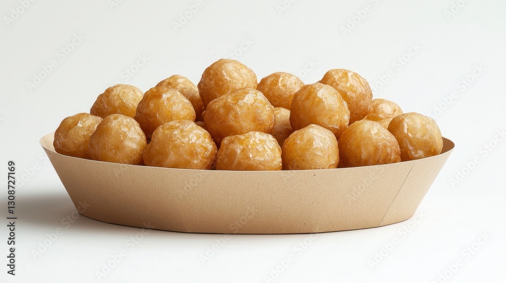 Delight in Golden Perfection A close-up studio shot showcasing the irresistible allure of freshly made loukoumades, Greek honey donuts, beautifully arranged on a simple, eco-friendly cardboard tray Delight in Golden Perfection A close-up studio shot showcasing the irresistible allure of freshly made loukoumades, Greek honey donuts, beautifully arranged on a simple, eco-friendly cardboard tray