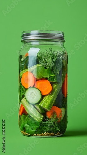 Glass jar filled with colorful pickled vegetables, cucumbers, carrots, and fresh dill, preserved in brine for a nutritious and flavorful homemade fermented food.