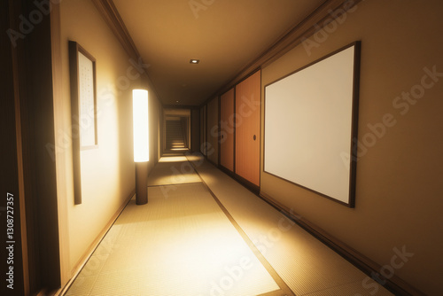 Serene Japanese Ryokan Hallway with Tatami Mats and Sliding Doors Ambiance