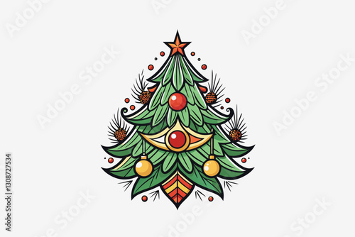 Greeting Xmas card with Merry Christmas inscription and fir tree decorated. Christmas tree with gift boxes with ribbon bows, candy, star, lights, decorative balls, lamps. Isolated vector illustration