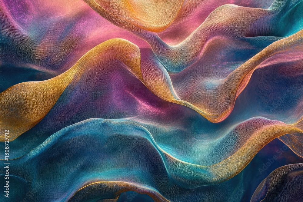 Obraz premium Abstract image of iridescent fabric, swirling in shades of teal, purple, gold, creating a dreamy, luxurious texture.
