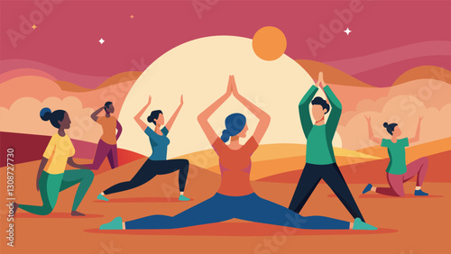 Stretching towards the last rays of light the class finds a sense of grounding and balance both physically and mentally.. Vector illustration