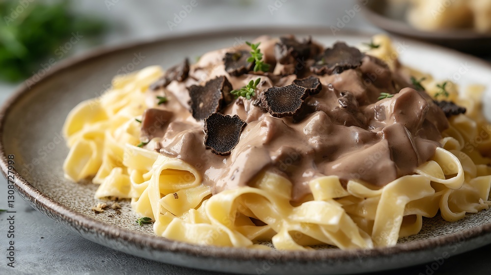 Luxurious fettuccine dish topped with creamy sauce and truffle slices at a gourmet restaurant Luxurious fettuccine dish topped with creamy sauce and truffle slices at a gourmet restaurant