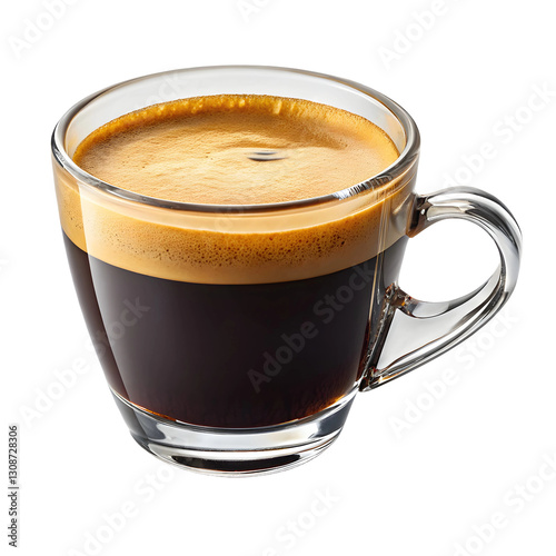 glass cup of freshly brewed espresso with golden crema isolated on white , cup of coffee , espresso coffee, coffee lover, barista coffee, rich crema, italian coffee, coffee stock image, glass mug coff