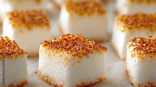 Delight in these delectable homemade marshmallows, a sweet confection perfect for roasting, hot chocolate, or simply enjoying as a fluffy treat Each square is dusted with a light toasting, adding a