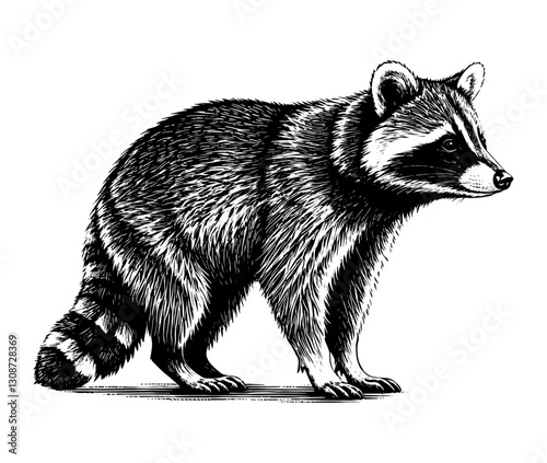 Raccoon Woodcut vintage Monochrome black and white drawing animal Illustration