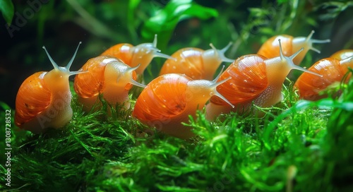 Apple Snails: Group of Pomacea Bridgesii in Solidarity, Orange Shells in Focus photo