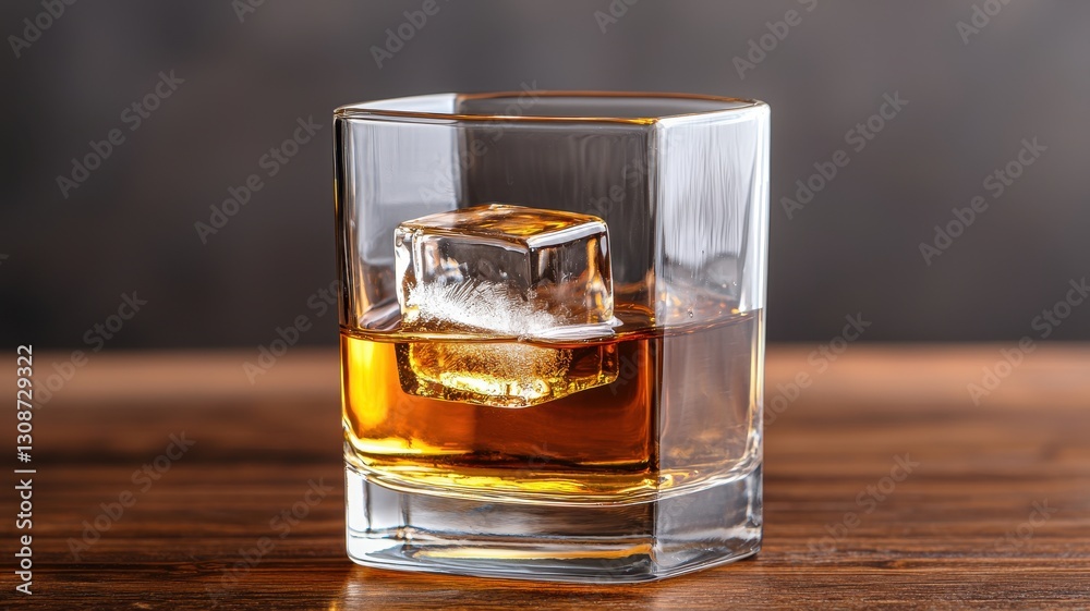 A glass of whiskey with a large ice cube, resting on a wooden surface, showcasing a rich amber color and a relaxed, sophisticated vibe. A glass of whiskey with a large ice cube, resting on a wooden surface, showcasing a rich amber color and a relaxed, sophisticated vibe.