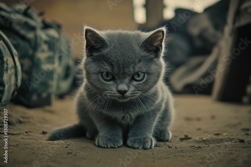 Army Cat. Serious and Angry Grey Kitten, the Unkind Army Pet