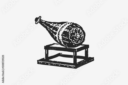 Ham leg on wooden stand. Dry meat, farm food. Black silhouette Spanish jamon hand drawn engraving illustration vector