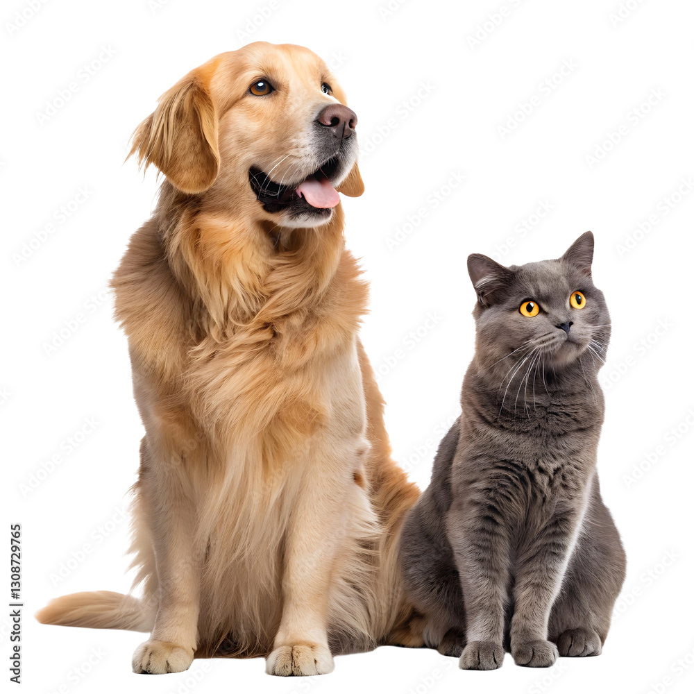 friendly golden retriever and gray cat sitting side by side isolated on white , golden retriever puppy friendly golden retriever and gray cat sitting side by side isolated on white , golden retriever puppy