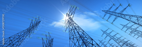 High voltage transmission towers with glowing wires against sunny blue sky - Energy concept - 3D illustration