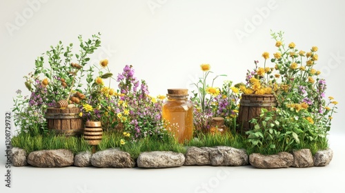Wallpaper Mural Discover the captivating charm of a wildflower honey garden, where golden honey jars gleam amidst a vibrant tapestry of blooming flowers, creating a picturesque scene of natural sweetness and rustic Torontodigital.ca