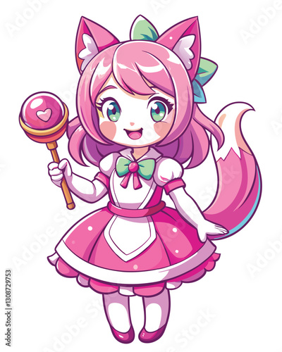 Create a cute anime-style illustration of a cat girl with pink, pointed ears and a matching pink pi (π) symbol on her clothing.  She should have a cheerful expression.