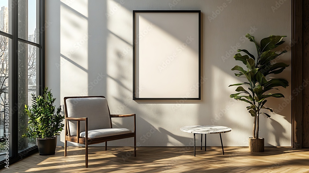 A modern dining room with a black-framed mockup on the wall, a minimalistic interior design of a modern home studio in light colors, featuring grey and beige tones, an accent chair A modern dining room with a black-framed mockup on the wall, a minimalistic interior design of a modern home studio in light colors, featuring grey and beige tones, an accent chair