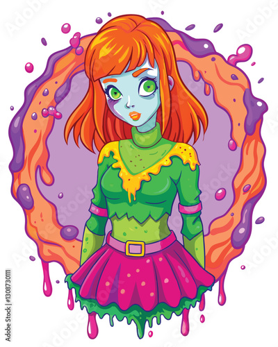 A young girl with vibrant orange hair, partially submerged and clumped together by vibrant purple slime, looking directly at the viewer with a surprised expression.