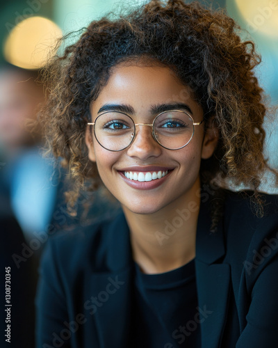 Smiling woman with curly hair and glasses in modern office setting