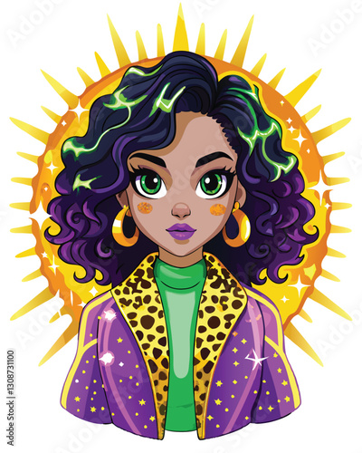 A charming girl with voluminous black curly hair adorned with dripping golden highlights, close-up portrait.