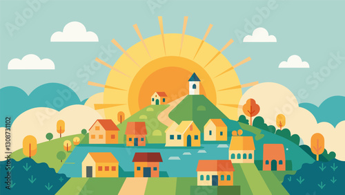 The small village appeared to radiate with energy and enthusiasm under the suns benevolent gaze.. Vector illustration