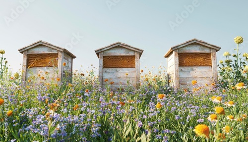 Discover the Serene Beauty of Beehives Amidst a Vibrant Meadow A Captivating Image Showcasing Nature's Harmony Immerse yourself in the Tranquility of Rural Life and Experience the Delicate Balance of