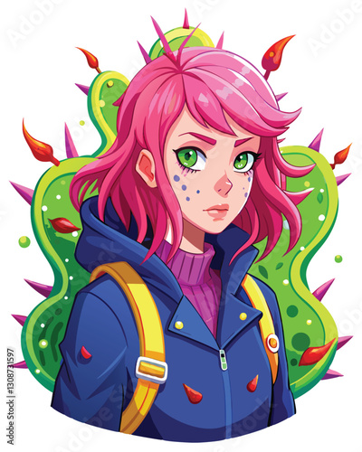 A young woman with vibrant pink hair entangled in thorny golden vines, a melancholic expression on her face; intricate detail, fantasy art style.