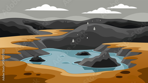 Thick layers of scum coating the surface of stagnant coal ash waste ponds blocking out any signs of life.. Vector illustration