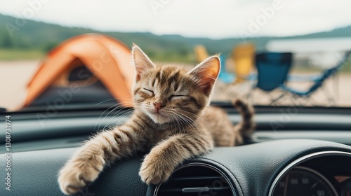 Glamping with a cat requires safe and comfortable travel. A playful kitten relaxes on a car dashboard, enjoying the outdoors in a camping setting with colorful tents in the background.