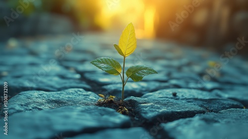 Fototapeta Naklejka Na Ścianę i Meble -  A small sapling growing between cracks in an old stone path.