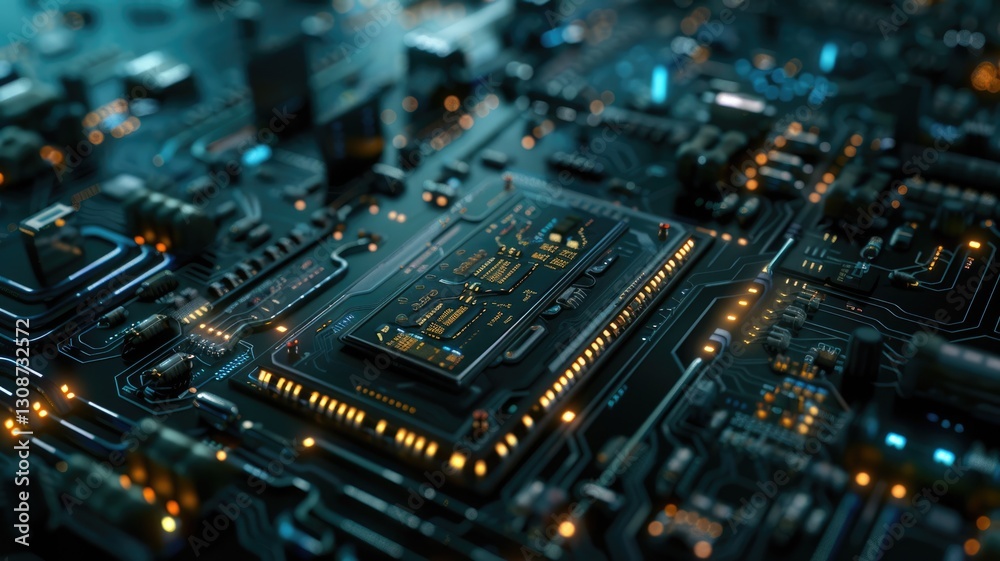 Abstract picture of chip on complex circuit with digital technology style design and the electric light graphic show dynamic movement represent about processor algorithm process on computer. AIG53. Abstract picture of chip on complex circuit with digital technology style design and the electric light graphic show dynamic movement represent about processor algorithm process on computer. AIG53.