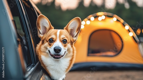 Glamping with a dog requires safe and comfortable travel. A cheerful corgi peeks out of a car window with a cozy camping tent in the background, illuminated by soft lights at dusk.