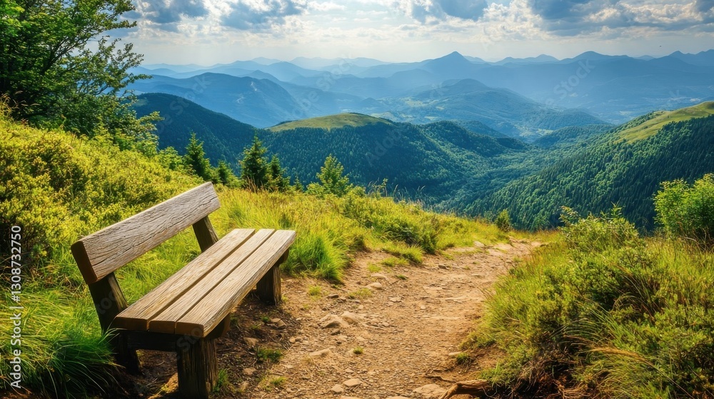 A wooden bench is positioned beside a scenic mountain vista A wooden bench is positioned beside a scenic mountain vista
