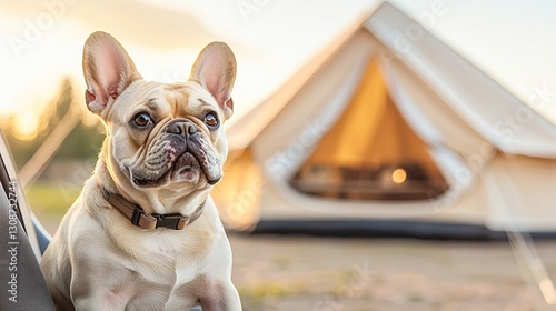 Glamping with a dog requires safe and comfortable travel. A charming French Bulldog sits in front of a cozy tent, basking in the golden light of sunset