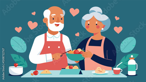 Two seniors take their date night to the next level by attending a couples cooking class showing off their skills and love for each other. Vector illustration