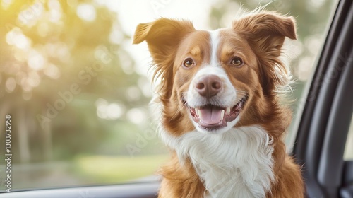 Proper ventilation ensures safe and comfortable dog travel. A happy dog enjoys a car ride with its head out the window, basking in the sunlight and surrounded by a blurred natural background.