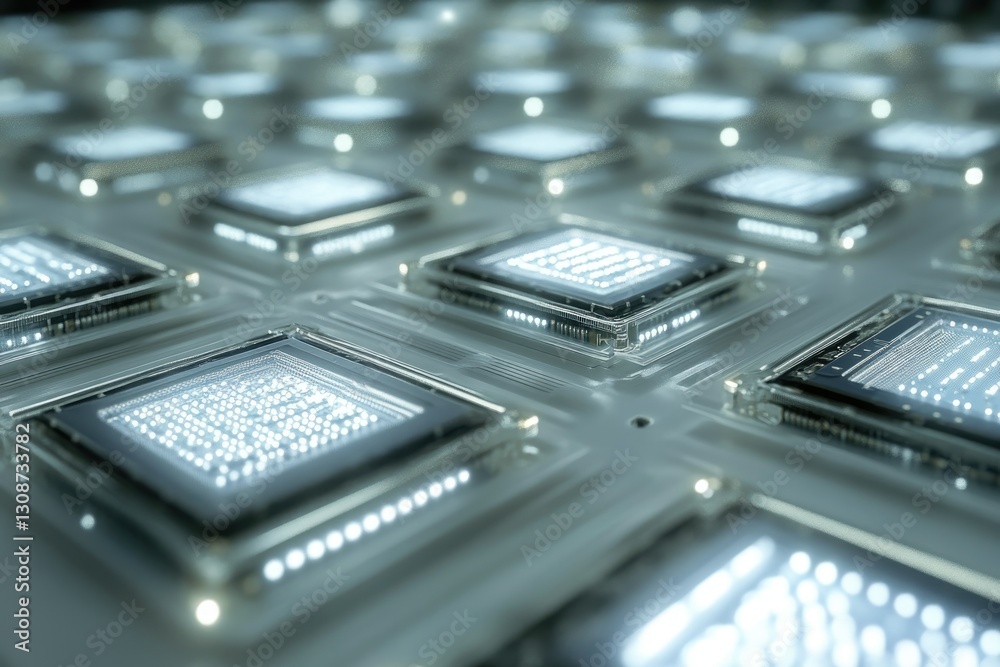 Close-up view of numerous illuminated microchips arranged on a circuit board, showcasing advanced technology. Close-up view of numerous illuminated microchips arranged on a circuit board, showcasing advanced technology.