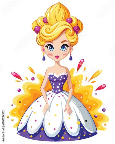 A charming young blonde girl with a sophisticated, tall, elegant updo hairstyle.  Her expression is sweet and innocent.