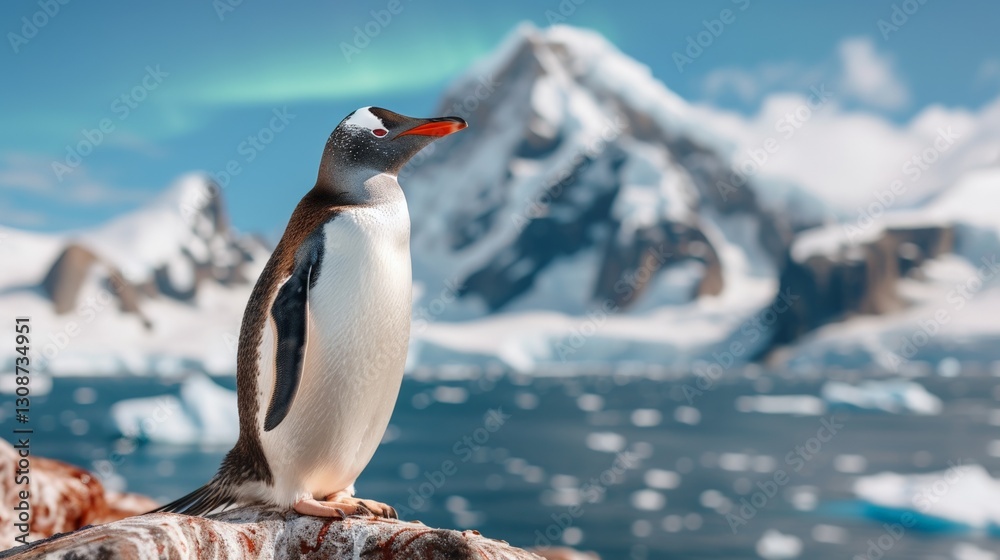 Fototapeta premium Gentoo penguin in snowy antarctic landscape with majestic mountains
