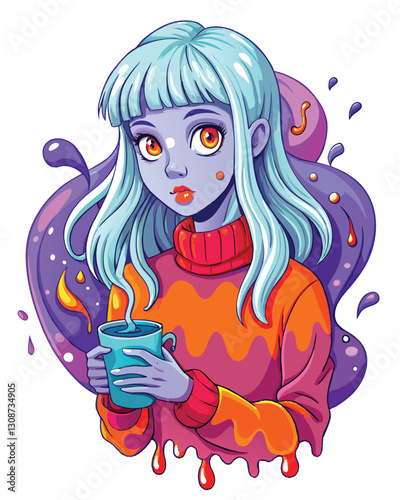 A striking portrait of a young woman with short, silver bangs dramatically streaked with vibrant orange;  intense, almost unsettling gaze.