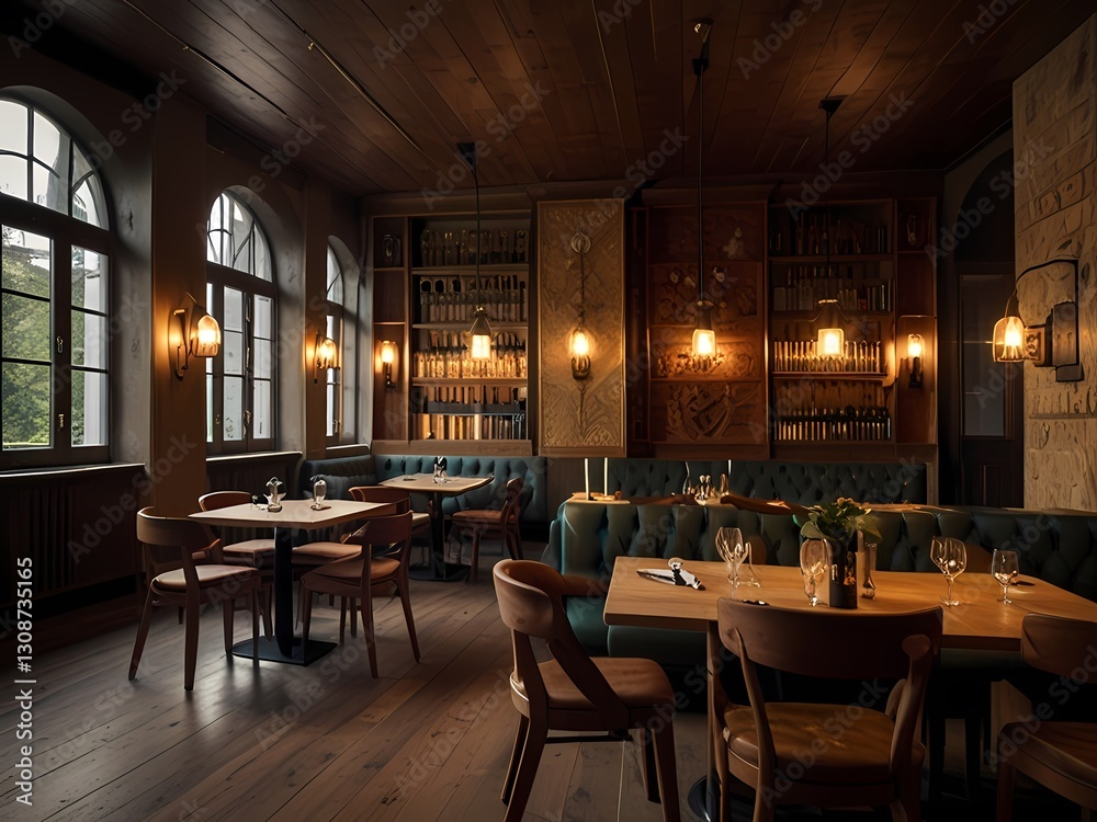 Obraz premium Luxury restaurant interior with dining tables, chairs, and elegant decor
