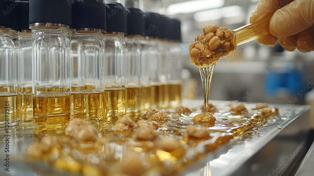 Laboratory Process: Precision and care in a laboratory setting, where meticulous attention is paid to a substance, showcasing the convergence of science and industry