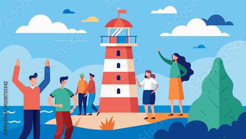 The excitement of locals as they visit the newly restored lighthouse now open to the public after years of being closed off.. Vector illustration