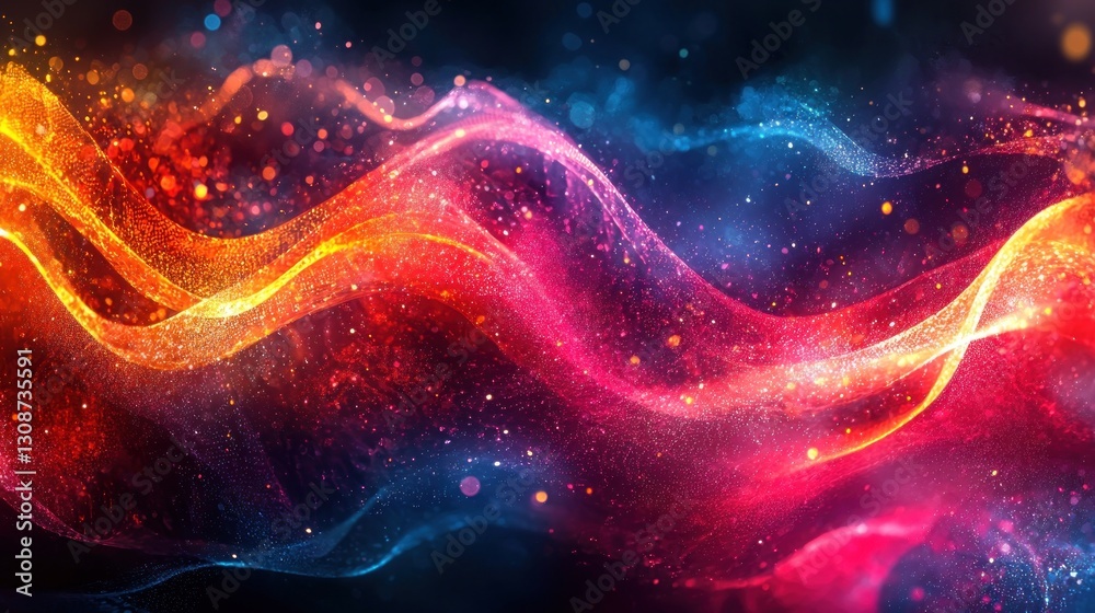 Abstract flowing waves of vibrant colorful particles in space