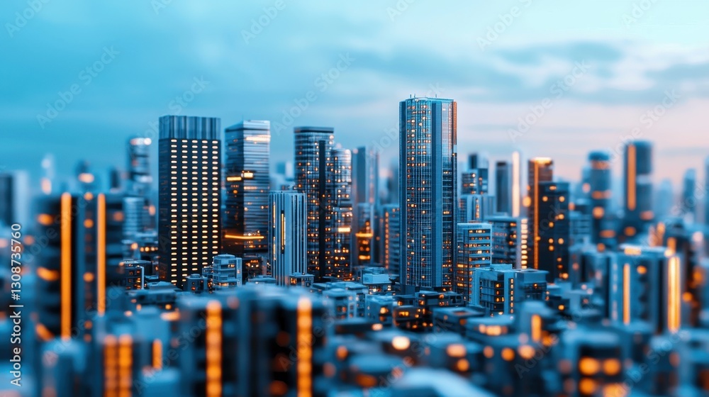 Obraz premium Modern Cityscape at Twilight with Bright Windows and Skyscrapers in Soft Blue and Orange Tones