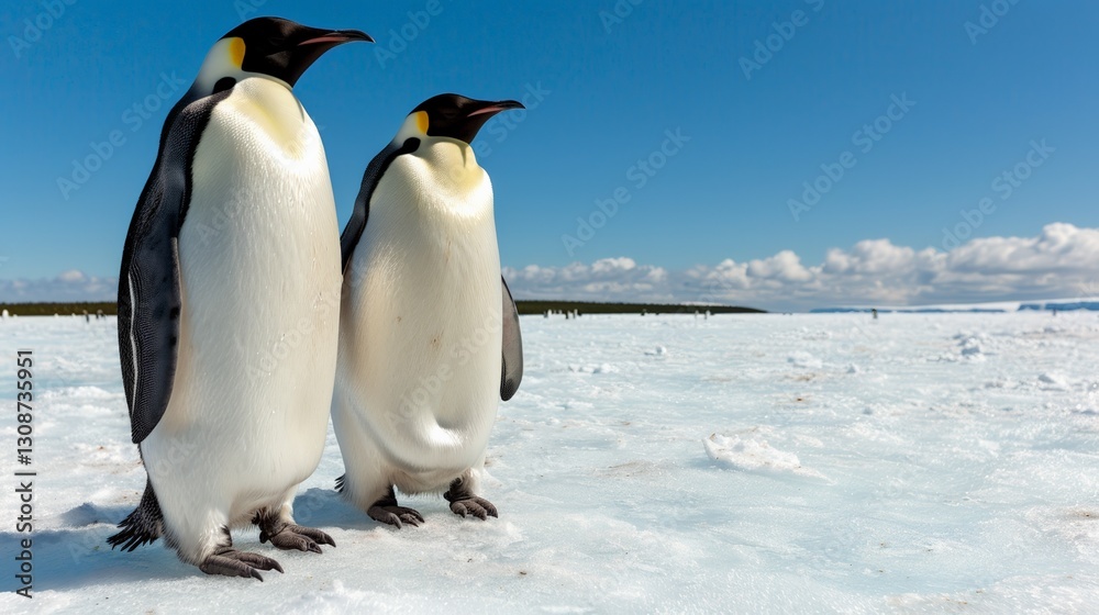 Naklejka premium Two majestic emperor penguins on icy antarctic landscape under clear blue sky