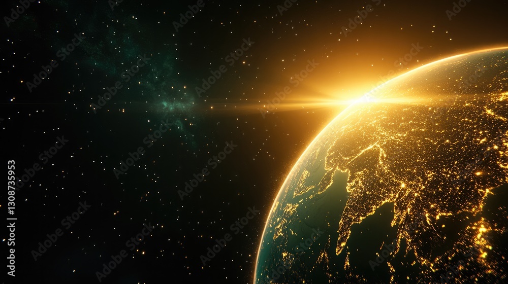 Fototapeta premium Majestic view of earth from spacecraft capturing glowing sunrise over asia and starry sky, perfect for science education and astronomy enthusiasts
