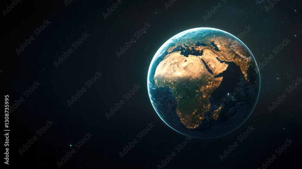 Fototapeta premium View of earth from spacecraft at night featuring illuminated african continent and surrounding stars, suitable for space exploration and science technology concepts