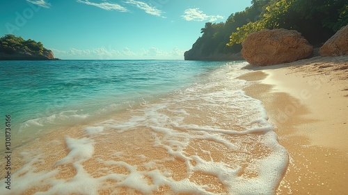 Fototapeta Naklejka Na Ścianę i Meble -  A tropical beach with crystal-clear waters lapping gently at the sandy shore.