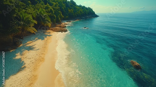 Fototapeta Naklejka Na Ścianę i Meble -  A tropical beach with crystal-clear waters lapping gently at the sandy shore.
