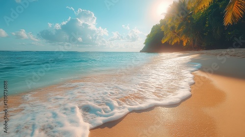 Fototapeta Naklejka Na Ścianę i Meble -  A tropical beach with crystal-clear waters lapping gently at the sandy shore.