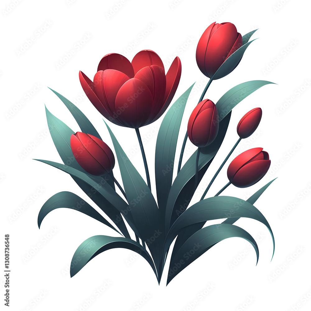 Obraz premium Red tulip blooms graphic art Fresh spring bloom captured in minimalist design for Valentine's Day, Mother's Day, and Spring celebrations isolated on transparent background